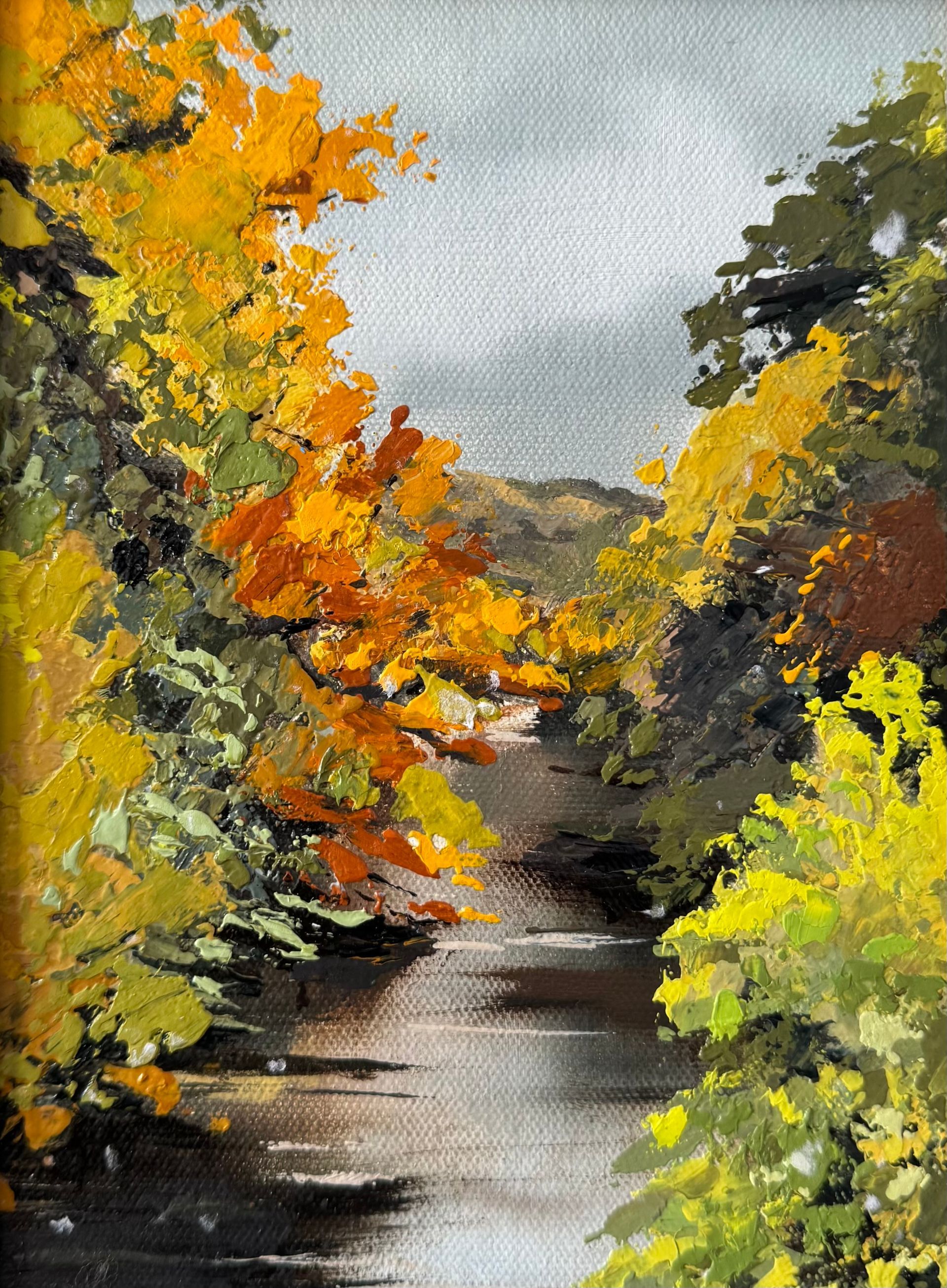 Autumn River with Trees, Derbyshire, oil on canvas, 6 x 8, framed
