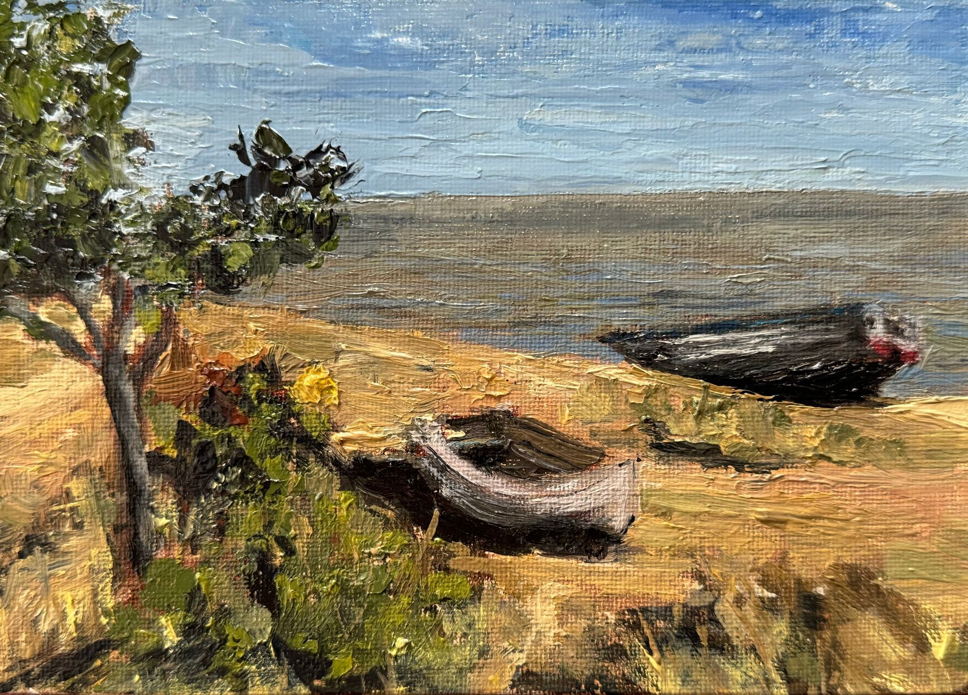 Two Boats and a Beach, Sizewell, oil on canvas, 7 x 5, framed