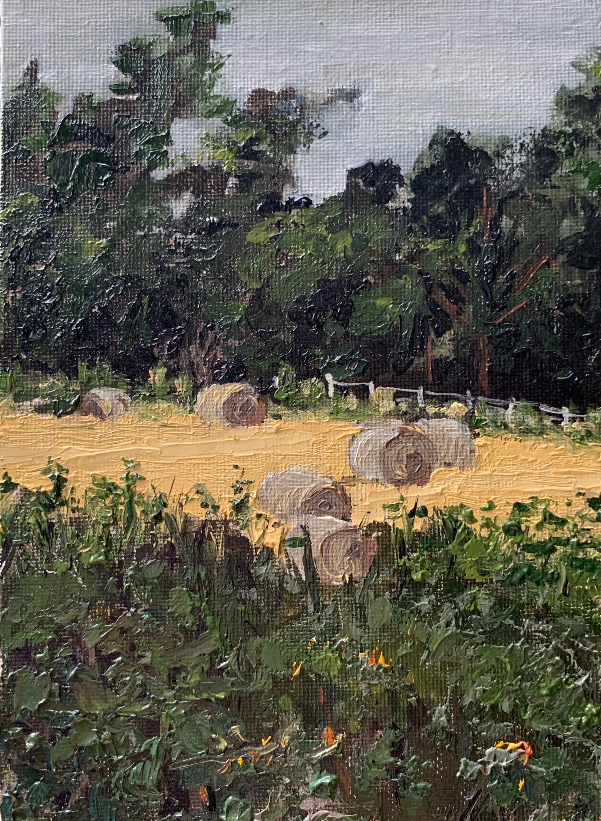  Rendham Road, Hay Bales, oil on board, 7 x 5, framed