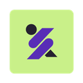 A purple and black icon of a person on a green background.