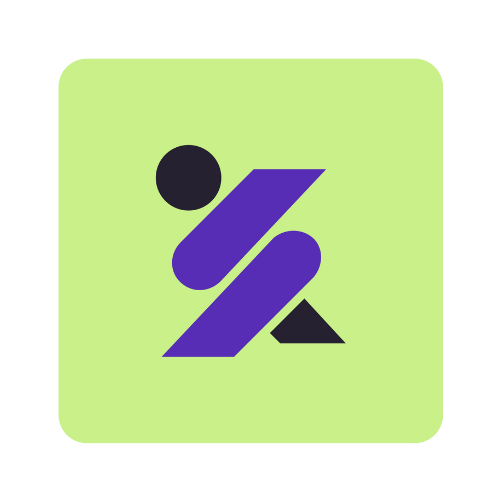 A purple and black icon of a person on a green background.