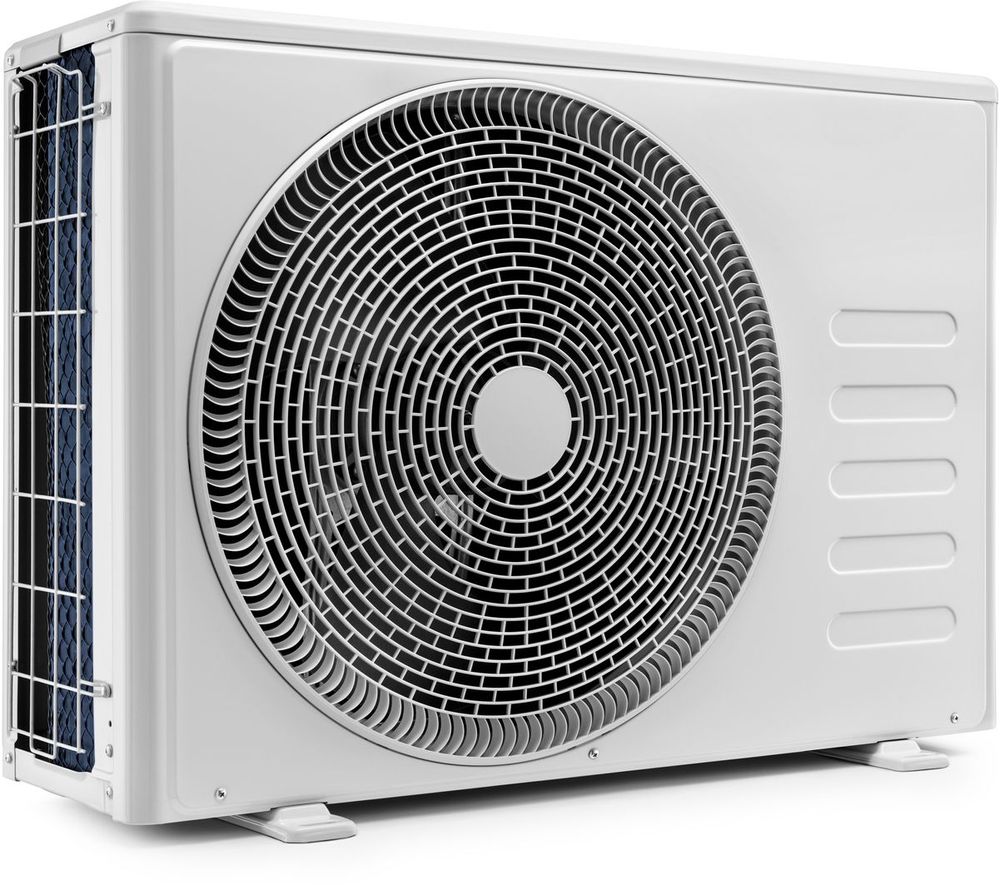 White air conditioner unit with circular fan on a white background.