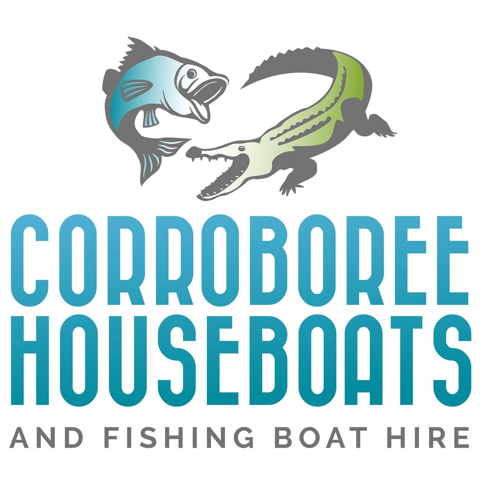 Logo - A fish and crocodile face each other. Turquoise text reads "CORROBOREE HOUSEBOATS AND FISHING BOAT HIRE."