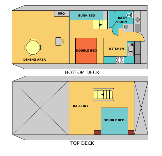 Floor plan of a two-story boat with dining, kitchen, sleeping, and balcony areas.