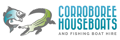 Logo of Corroboree Houseboats. A fish and crocodile face each other. Turquoise text reads "CORROBOREE HOUSEBOATS AND FISHING BOAT HIRE."