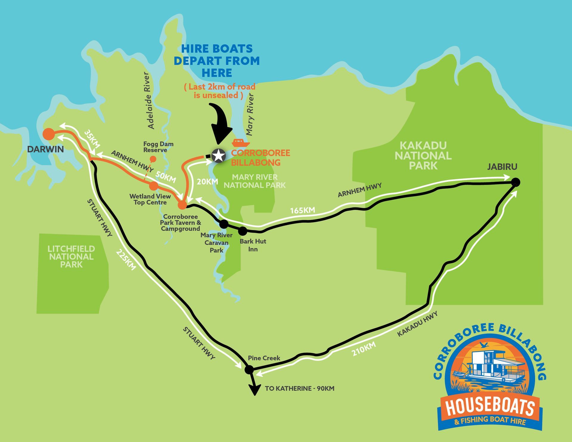 Map of Northern Territory, Australia, highlighting Kakadu National Park and Corroboree Billabong Houseboats.