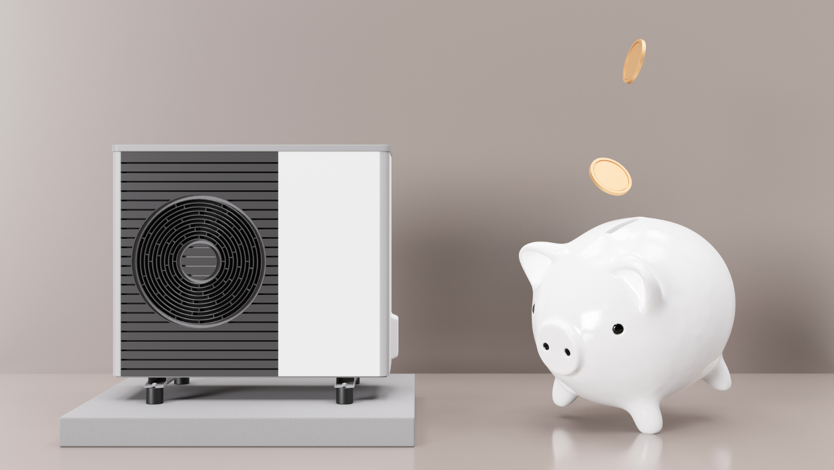 A heat pump and piggy bank with falling coins