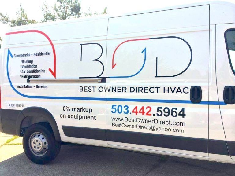 Side view of Best Owner Direct HVAC's white service van with prints of several business information