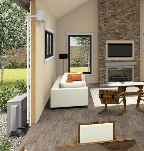 View of a fully-furnished living room with its doors opened, showing the heat pump outdoor unit installed near the wall