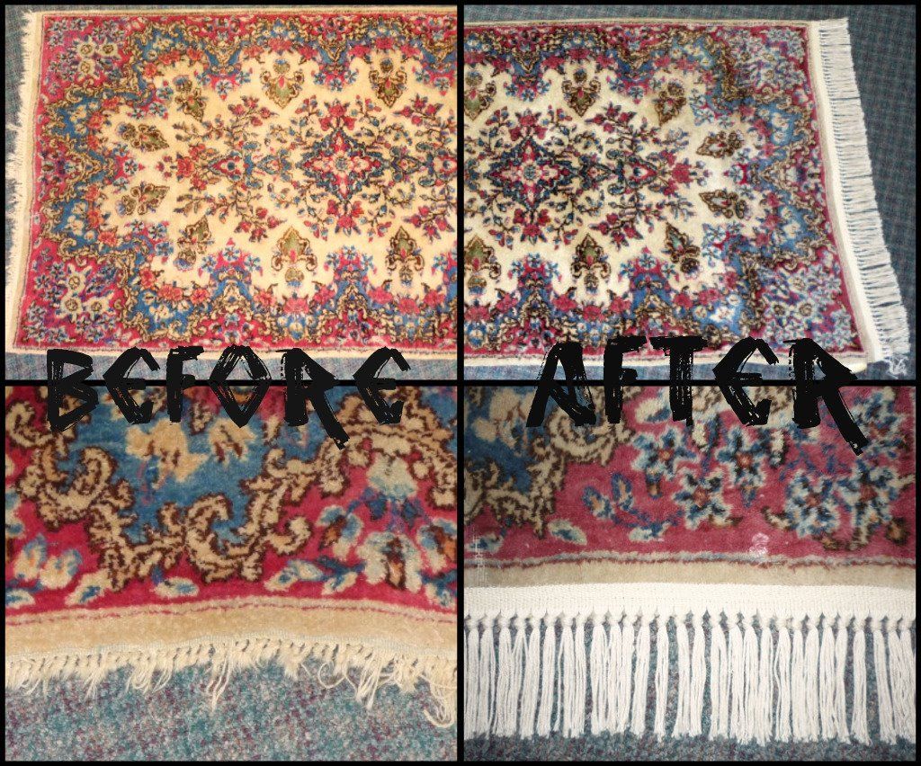 Two pictures of a rug before and after being cleaned