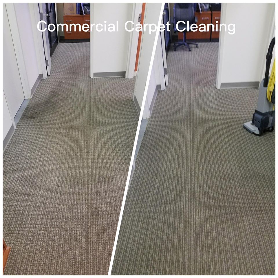 A before and after photo of a commercial carpet cleaning