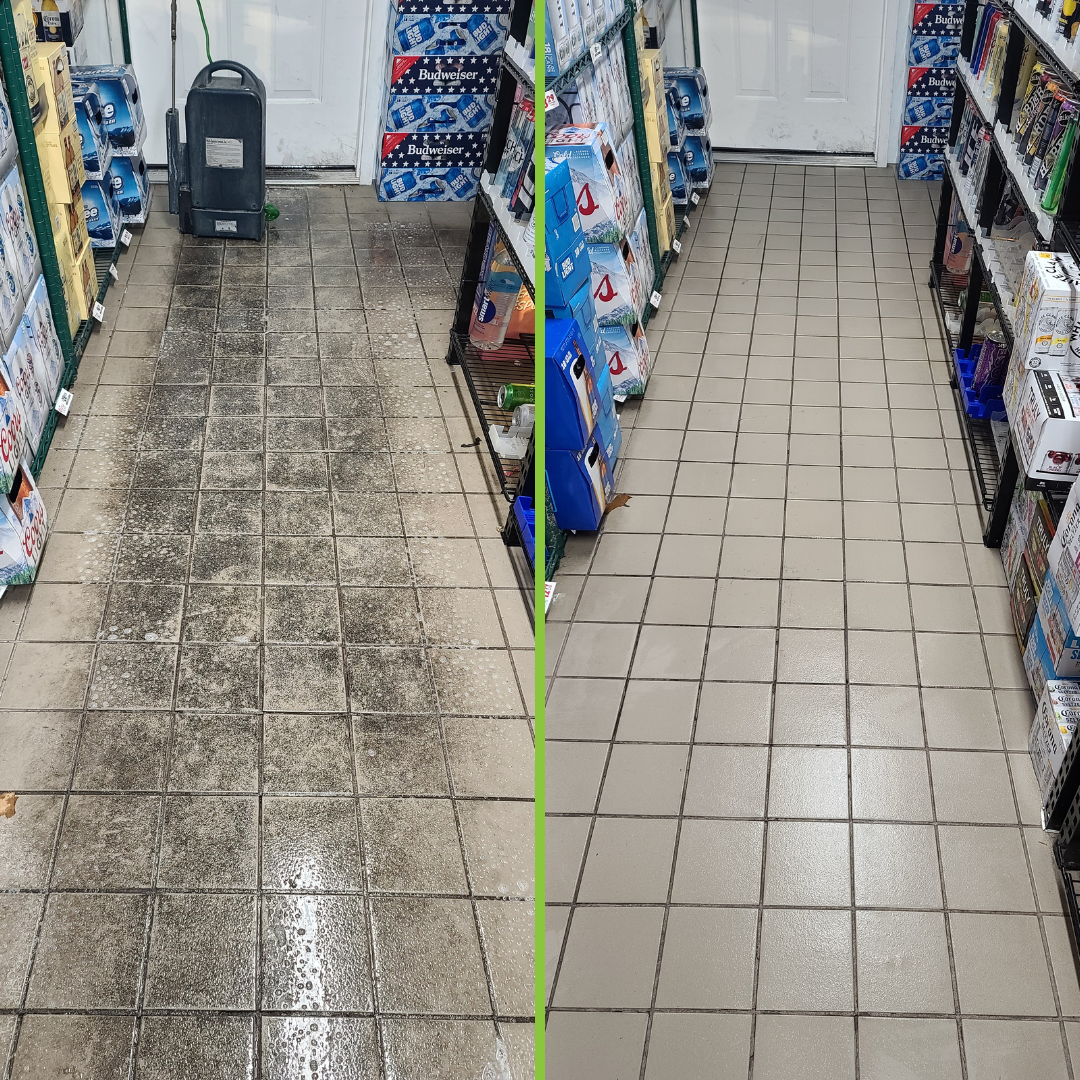A before and after picture of a tiled floor in a store.
