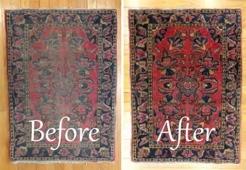 A before and after picture of a rug on a wooden floor.