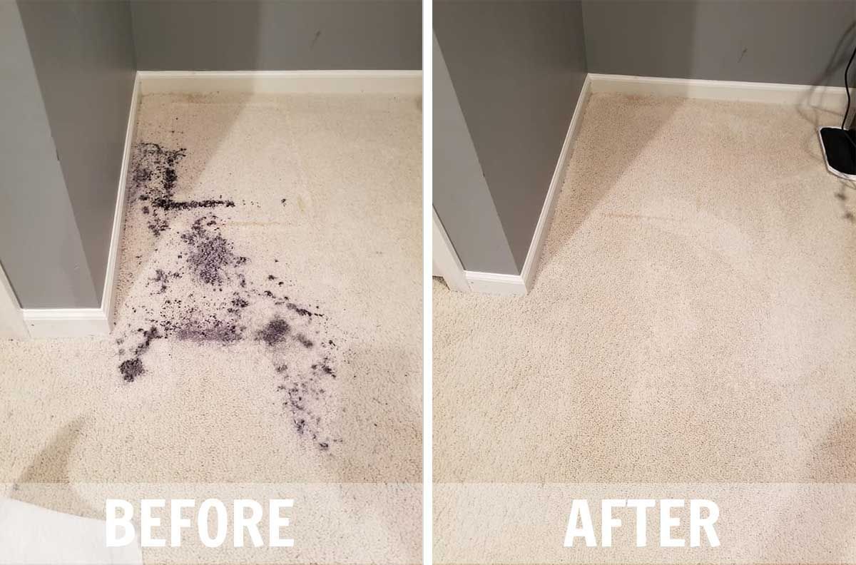A before and after picture of a carpet being cleaned.