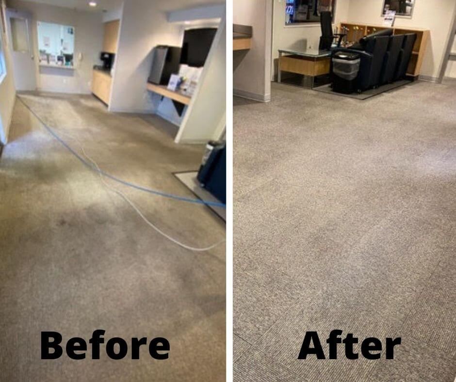 A before and after photo of a carpeted floor