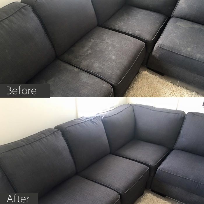 A picture of a couch before and after being cleaned