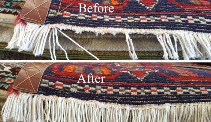 A before and after picture of a rug with fringe.