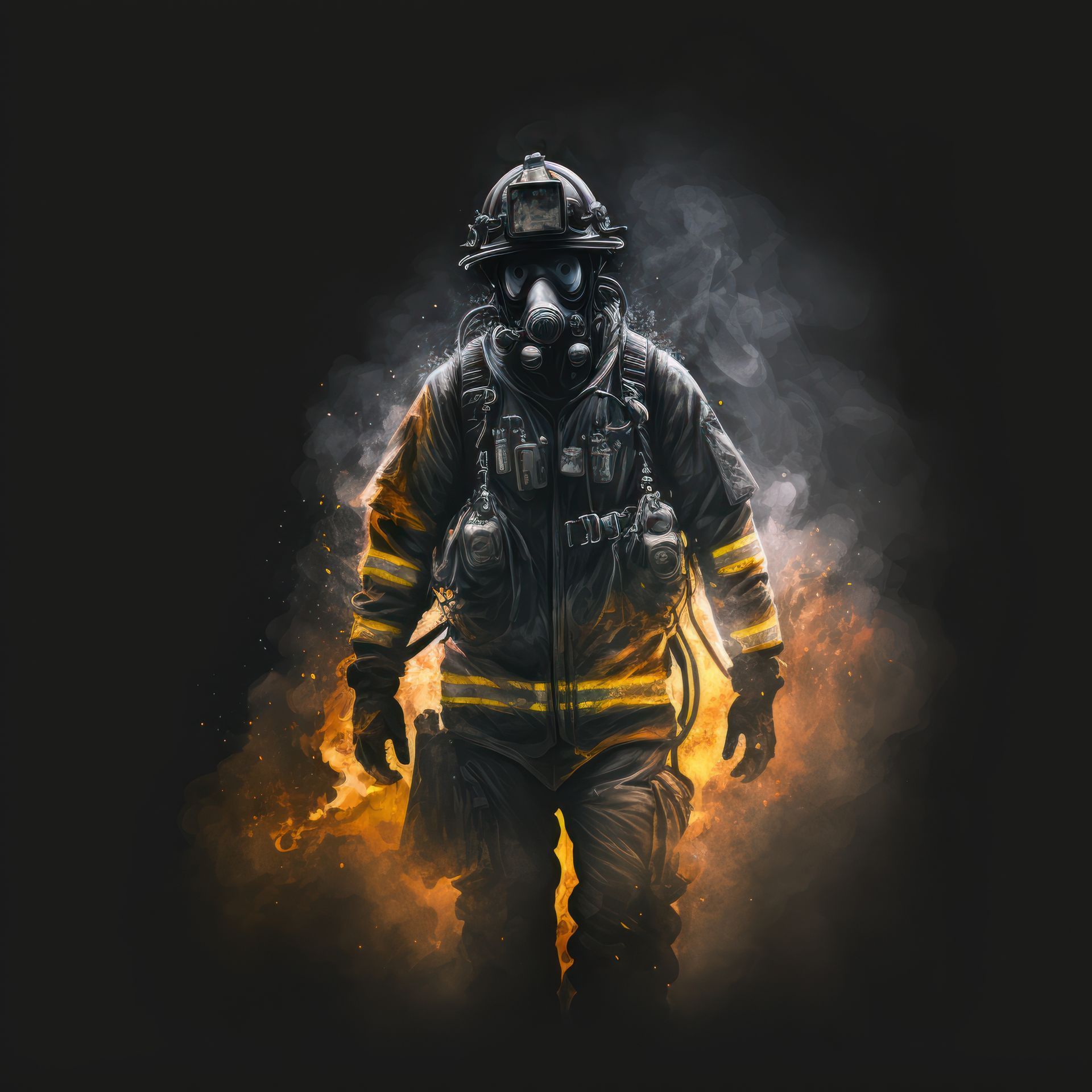 a fireman wearing a gas mask is standing in front of a fire .