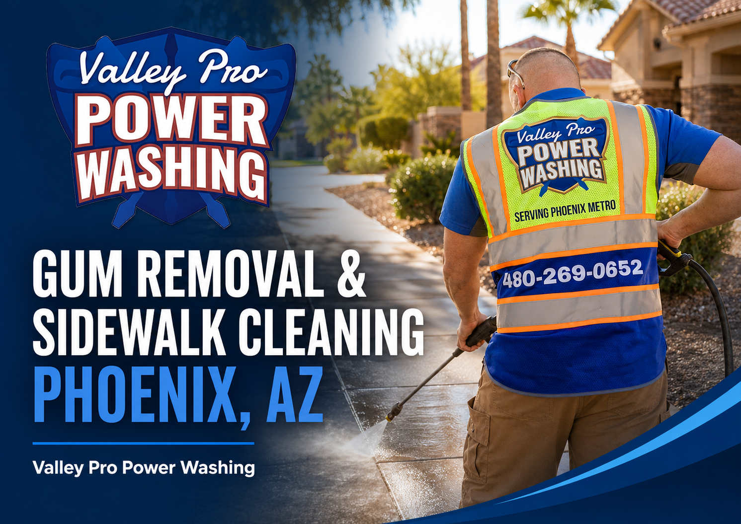 Gum removal from concrete sidewalk at a Phoenix retail storefront, before and after