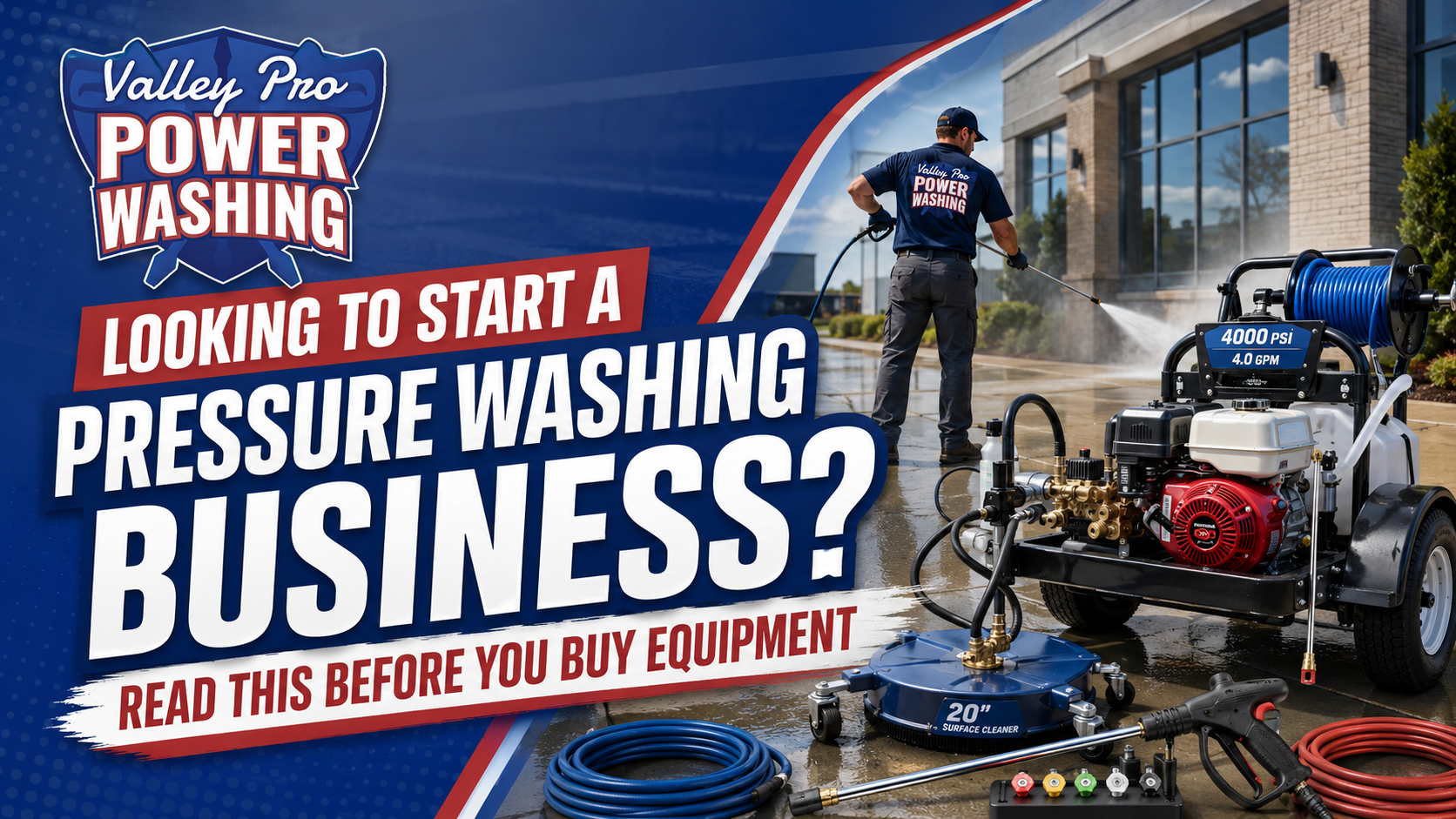 Pressure washing business promo with worker, truck-mounted equipment, and bold red-and-blue text.