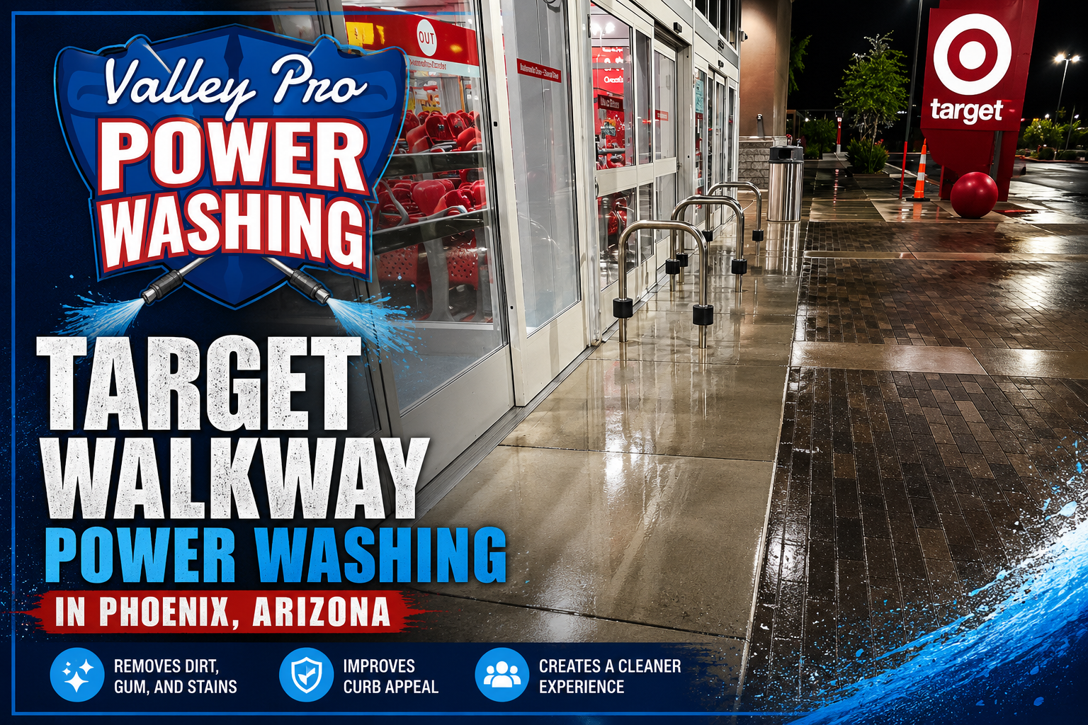Valley Pro Power Washing ad for Target walkway cleaning in Phoenix, Arizona, showing wet pavement at night