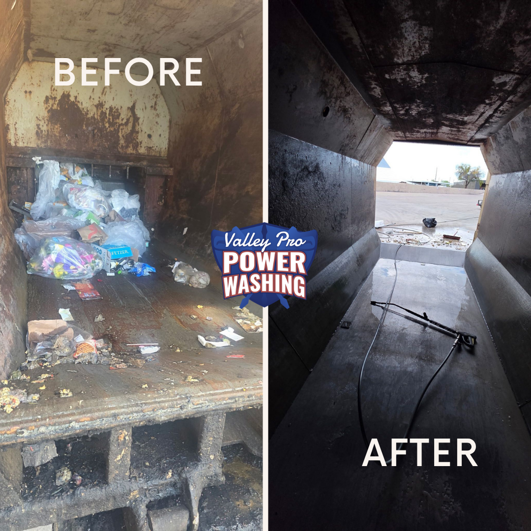 Before-and-after of a dirty trash compactor cleaned by power washing
