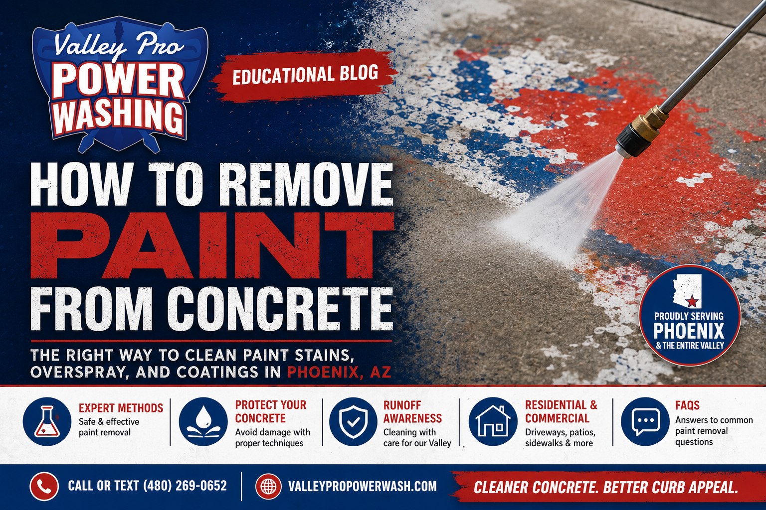 Valley Pro Power Wash blog cover showing paint removal from concrete with power washing in Phoenix
