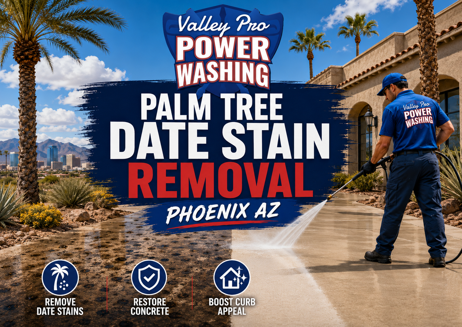 Palm tree stain removal ad for Valley Pro Power Washing in Phoenix, AZ, with worker spraying a driveway.