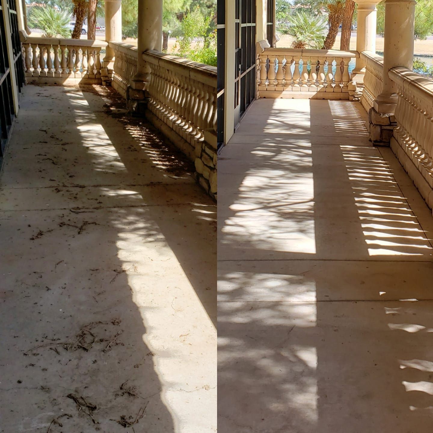 Before and after patio and pool deck style surface cleaning by Valley Pro Power Wash in Phoenix