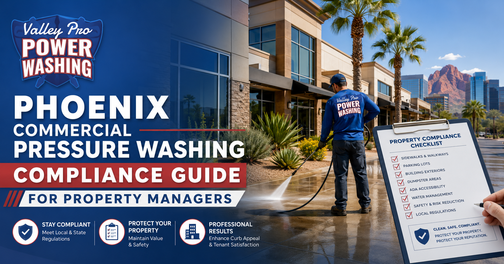 Phoenix commercial pressure washing flyer with worker washing a sidewalk outside an office building.