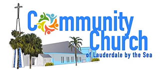 Logo for Community Church of Lauderdale by the Sea. Blue text, icon of people, and building with palm trees.