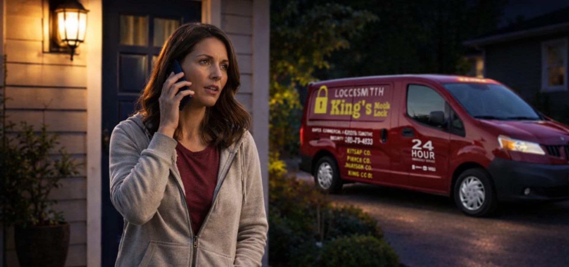 A person talks on a phone outside a home at night while a red locksmith van is parked in the background.