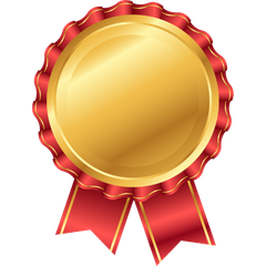 Gold medal with red ribbon.
