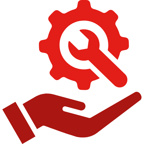 Red hand holding a gear and wrench, symbolizing technical support or service.