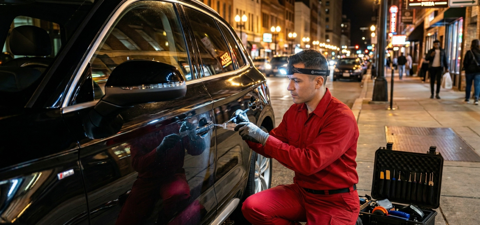A professional in a red uniform works on a black car door handle on a city sidewalk at night, illuminated by a headlamp.