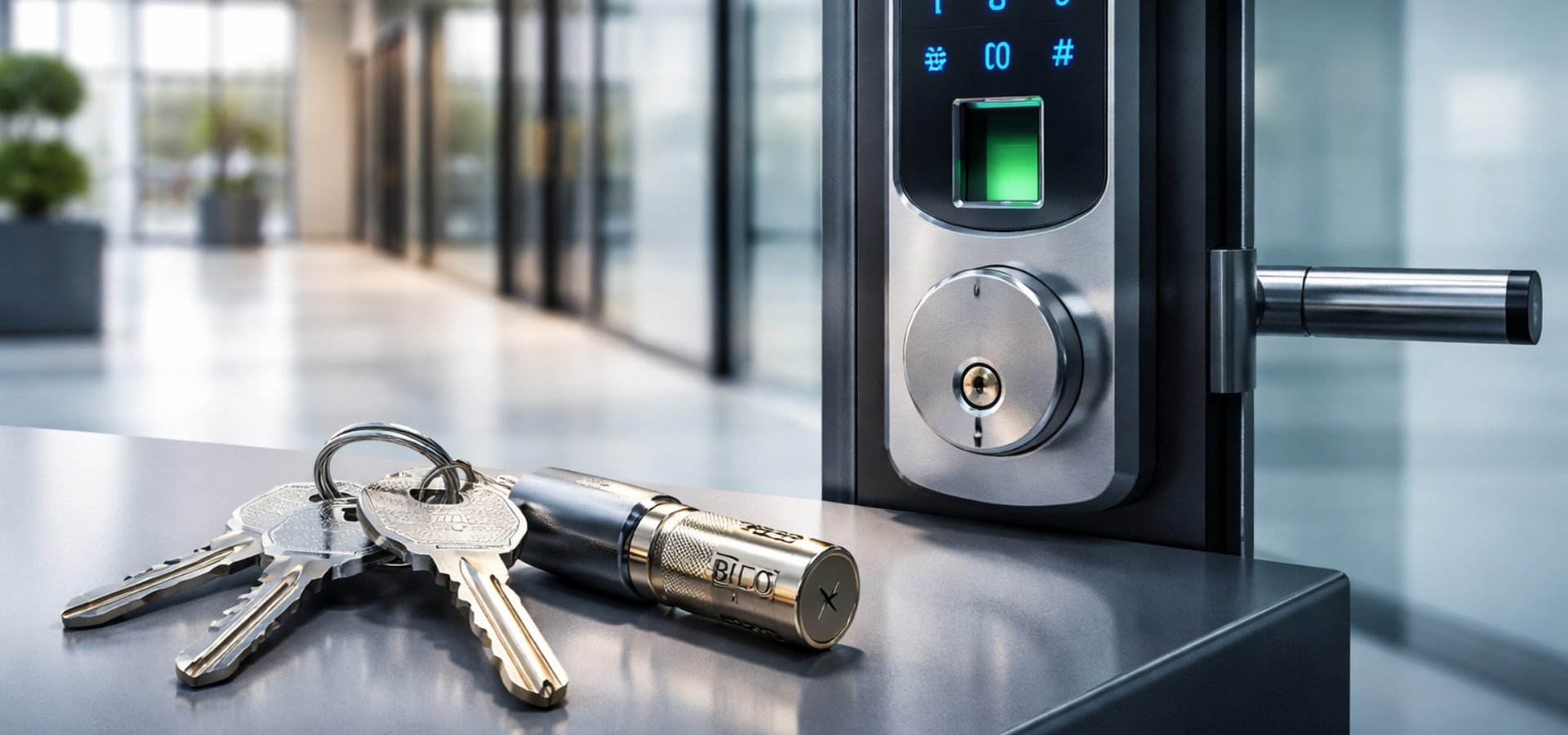 A modern smart door lock with a keypad and fingerprint scanner sits next to a set of keys on a metal surface.