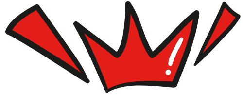 Red crown with black outline, two angular lines on the sides.