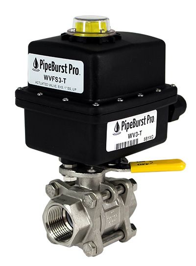 A stainless steel ball valve with a black box that says pipeburst pro