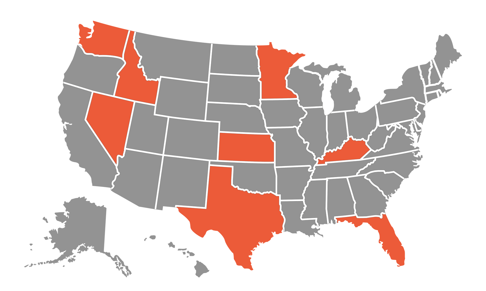 Map of the US highlighting 8 states in orange: Washington, Idaho, Nevada, Texas, Kentucky, Florida, and Minnesota.