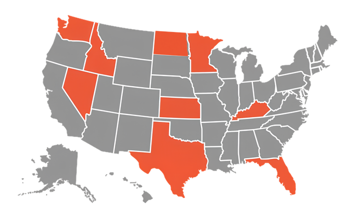 Map of the US highlighting 9 states in orange: Washington, Idaho, Nevada, North Dakota, Texas, Kentucky, Florida, and Minnesota.