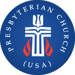 Presbyterian Church (USA) logo of a white cross made out of a dove and open book surrounded by two red flames