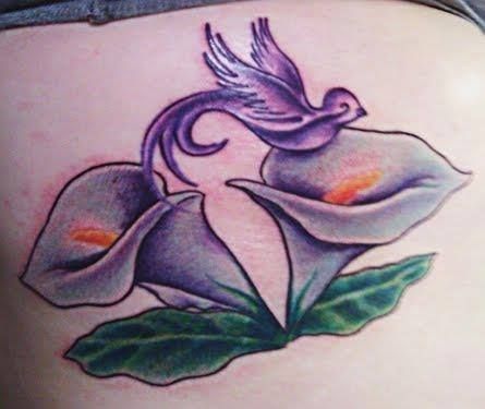 Purple calla lilies and bird tattoo.