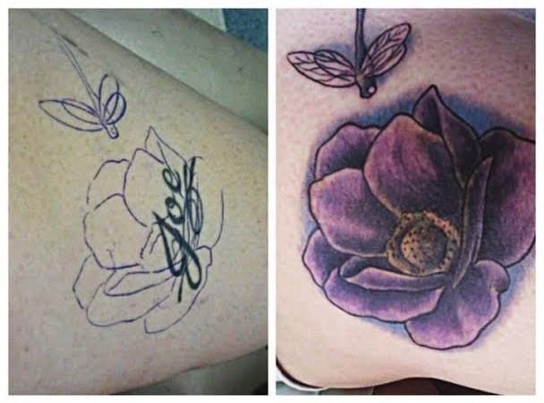 Before and after tattoo of a purple flower and dragonfly. Left shows outline, right is the finished colored design.