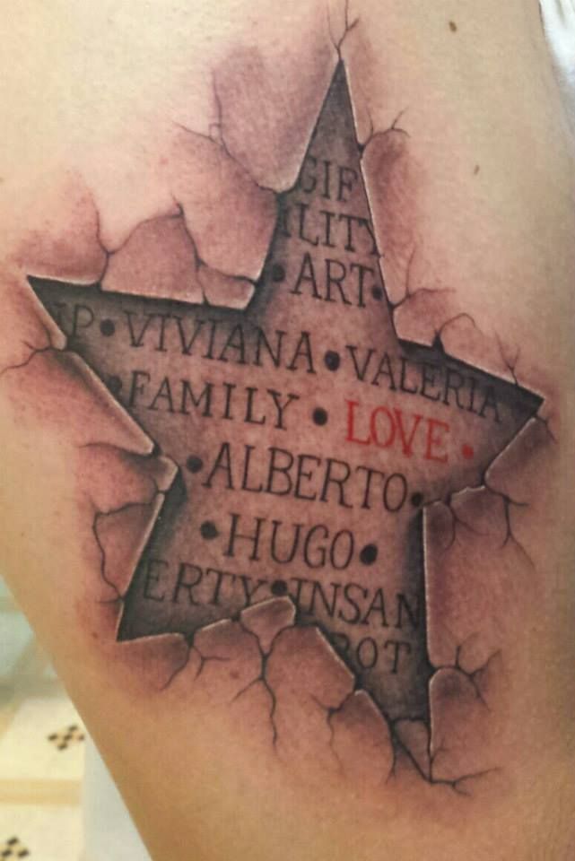 Tattoo of a star with the word 