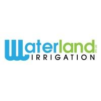Logo for Waterland Irrigation, with blue wave design and green 
