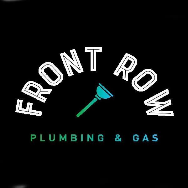 Front Row Plumbing & Gas logo with white arched text, plunger icon, and green/blue gradient text on black background.