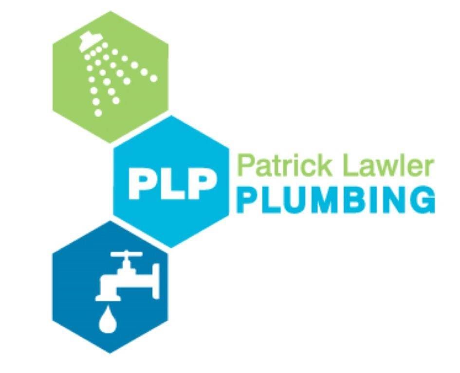 Logo for Patrick Lawler Plumbing: green shower, blue faucet, and text 