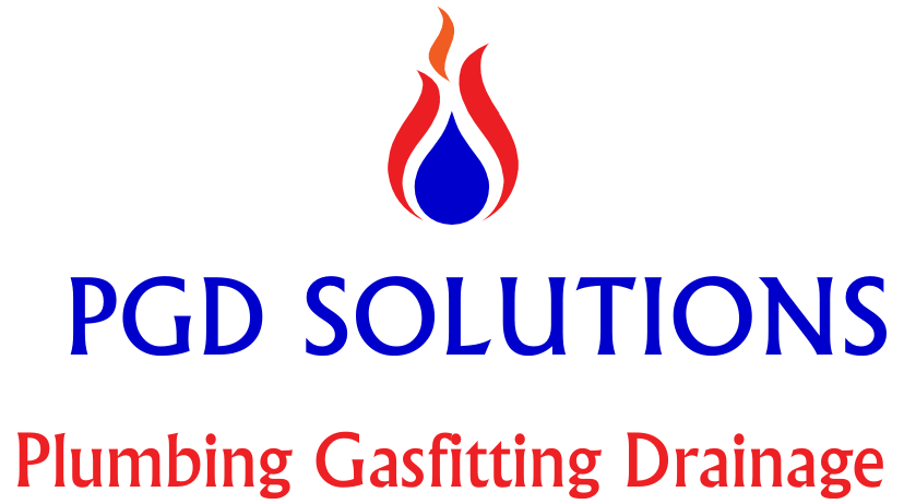 Logo: PGD Solutions with flame icon above; offers plumbing, gasfitting, and drainage services.