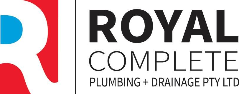 Logo for Royal Complete, plumbing and drainage services. Red and white 