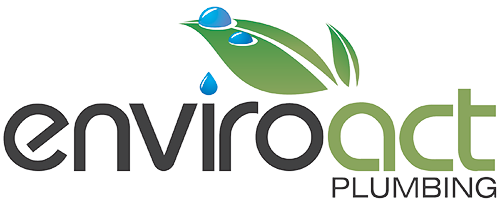 Enviroact Plumbing logo with a green leaf, water droplets, and dark gray text on white.